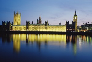 View of Parliament on the river illuminated at night