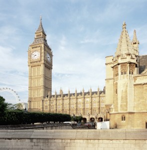 Westminster and Big Ben with Millennium Wheel in the background